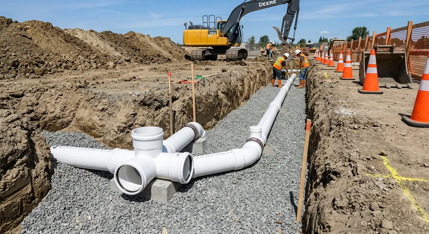New PVC sewer pipe installation in open trench for Commercial Drain Cleaning in Winthrop Harbor
