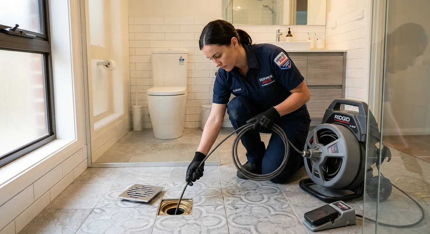 Technician clearing a bathroom floor drain for Clogged Drain Repair in Winthrop Harbor